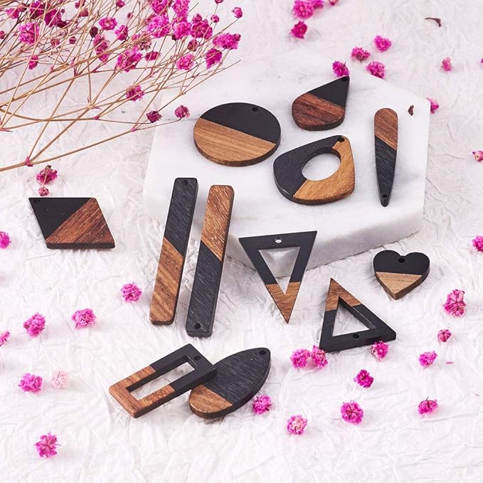 Beadthoven 20pcs/10 Pairs Black Natural Wood Resin Charms DIY Earrings Pendants Mixed Shapes Wooden Pieces Pendants for Statement Jewelry Making Findings
