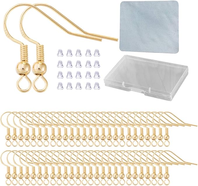 earring hooks for jewelry making - 120 pcs/60 pairs hypoallergenic 14k gold ear wires fish hooks for jewelry making, jewelry findings parts with 120 pcs rubber earring backs stopper for diy earrings