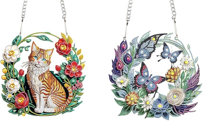Flower Birdcage Design DIY Diamond Art Painting Wreath Kits Special Shaped Rhinestone Diamond Art Window Pendants Home Garden Wall Hanging Kits (Single Side Point Drill) (#11-Cat) (#15-2pc)