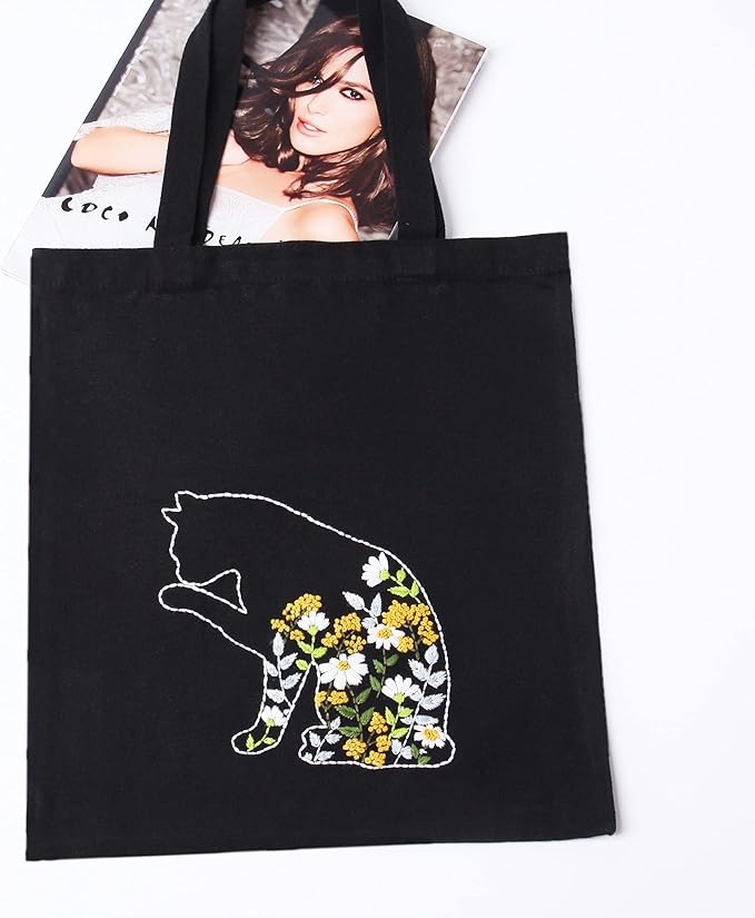 harimau beginner canvas tote bag embroidery kit,black kitten pattern,cross stitch kits, including stamped embroidery bag with 1 embroidery hoops,needle, instructionmanual and color threads