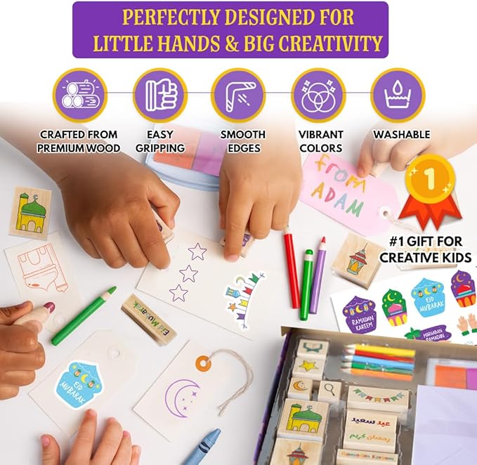 Ramadan & Eid Crafts Set with Stamps DIY Card-Making Kit for Kids 40 Pieces 11 Wooden Stamps, 12 Cards & Envelopes, 5 Pencils, Dual-Color Ink Pad, Ramadan Stickers-Islamic Gifts, Ramadan Decor