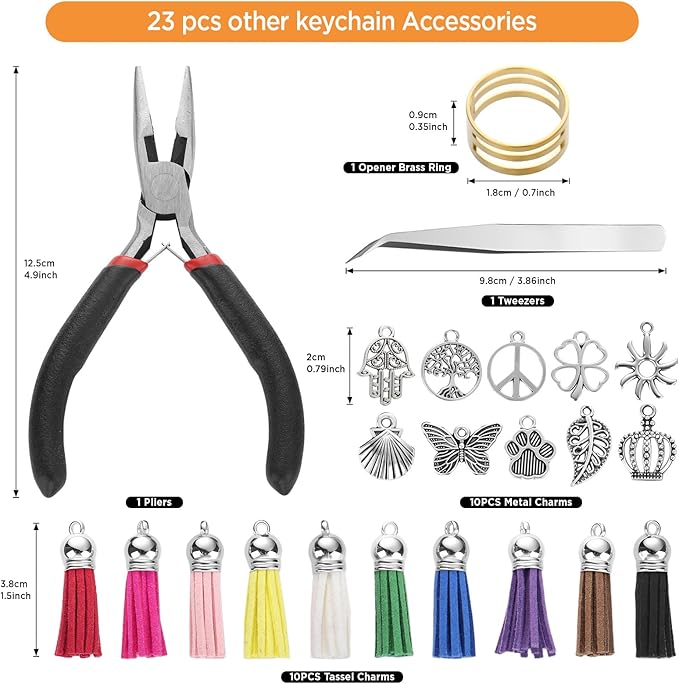 funtopia 740pcs keychain making kit, key chain supplies including keychain clip, key rings, lobster claw clasps, jump rings, pliers, tassels for key chain making, purse making, lanyard making