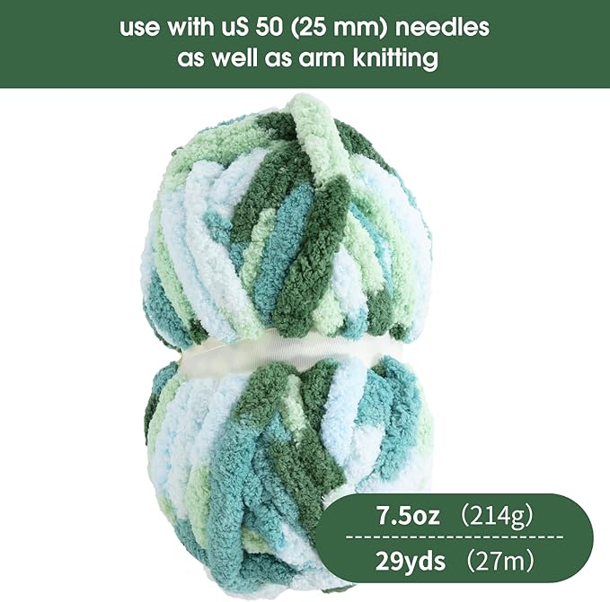 HOMBYS Chunky Tie Dye Mix Chenille Yarn for Hand Knitting, Super Bulky Jumbo Yarn for Crocheting, 3/4" Thick Soft Plush Yarn for Blankets, 8 Skein Pack (26 yds / 7.5 oz Each) Mint, Teal, Green