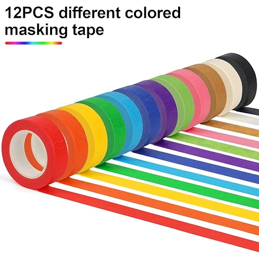 Guirnd 12PCS Colored Masking Tape, Kids Art Supplies, DIY Craft Tape, Colored Tape Rolls, Colored Painters Tape, 1.7cm x 12m (2/3In x 13Yards)