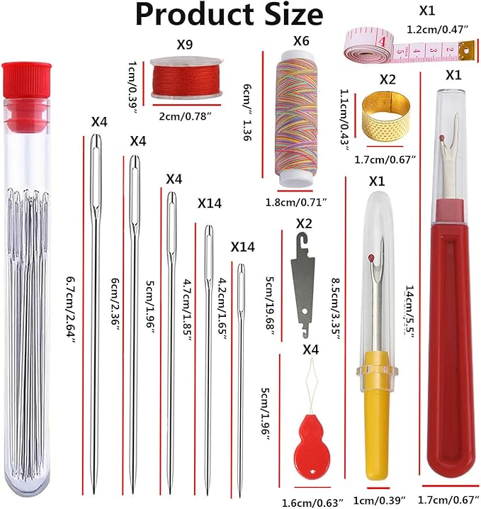 66PCS Sewing Kit 5 Size Big Eye Stainless Steel Needles for Hand Sewing Needle and Thread Kit with Threaders, Bobbins,Thimbles,Seam Rippers Accessories and Supplies Tools for Adults Beginners