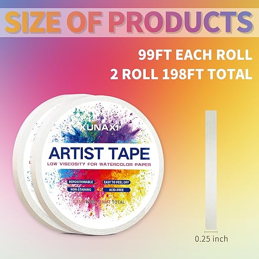 2 Packs Art Tape, Artist Tape for Watercolor Paper Low Tack White Painters Tape for Drafting Art Painting Canvas Framing Acid Free Masking Tape-0.25IN Wide 198FT Long Total