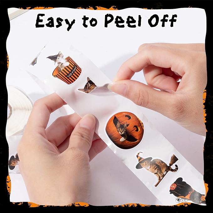 h1vojoxo halloween cat stickers roll - 1000pcs halloween cat dress up stickers in 2 rolls 16 designs pumpkin cats self-adhesive sticker for kids craft envelope water bottle scrapbook party supplies