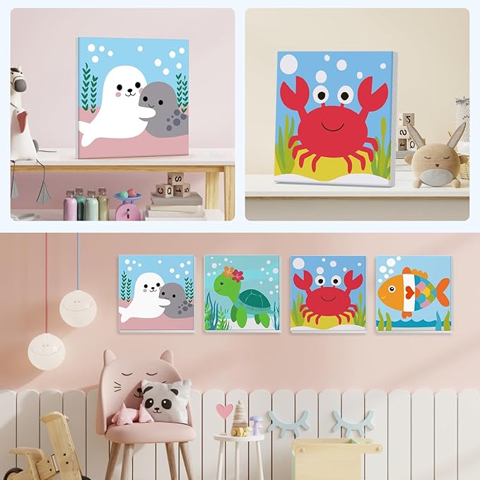 4 Pack Paint by Number for Kids with Wooden Frame, Cute Seal, Turtle, Fun Crab, Fish Paint by Numbers for Kids Ages 8-12, Cartoon, DIY Acrylic Oil Painting for Beginners for Home Wall Decor 8X8 inch