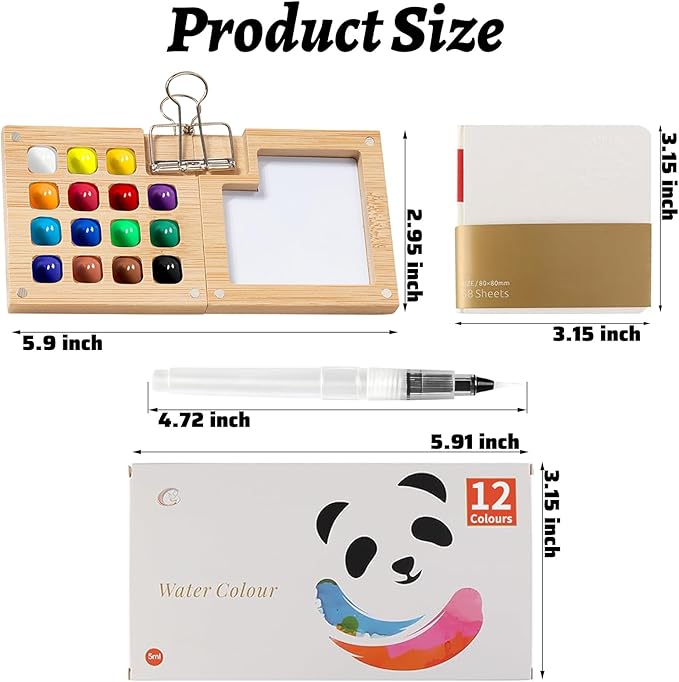 Mini Watercolor Paint Set Pocket Artist Watercolor Travel Set with Mini Paint Palette,Brushes, 12 Colors, Watercolor Sketchbook for Artists Painters Students(Bamboo)