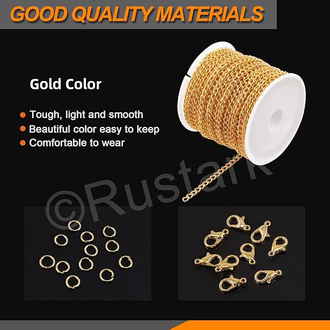 Rustark 102Pcs 4mm 30 Feet Gold Jewelry Making Chains Kit Thin Necklace Bracelet Chain Twisted Links Curb Chain with Jump Rings Lobster Clasps and Pliers for Bracelet Necklace Jewelry Making