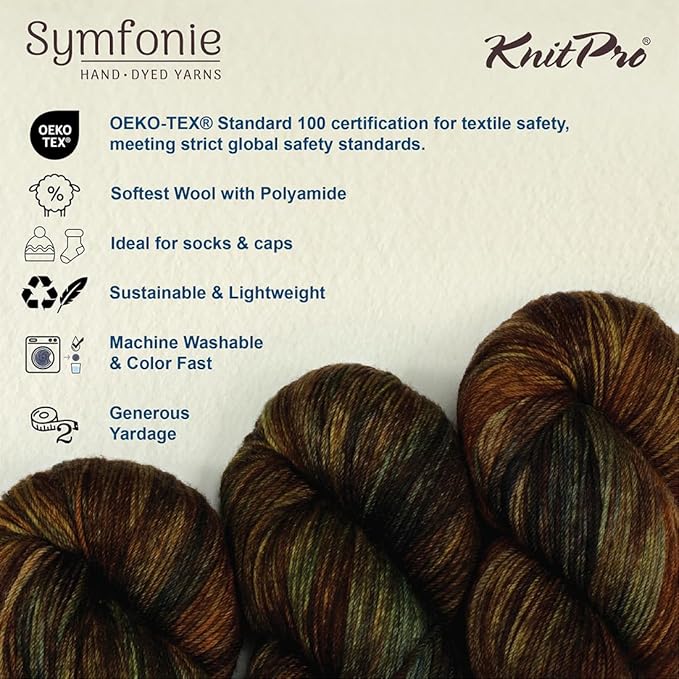 KnitPro Symfonie Fingering Weight Hand Dyed Variegated Yarn Skein | Extra Fine Merino Wool & Polyamide Blend for Knitting & Crocheting, Oeko-TEX Certified 400m, 100g | Terra Wilderness