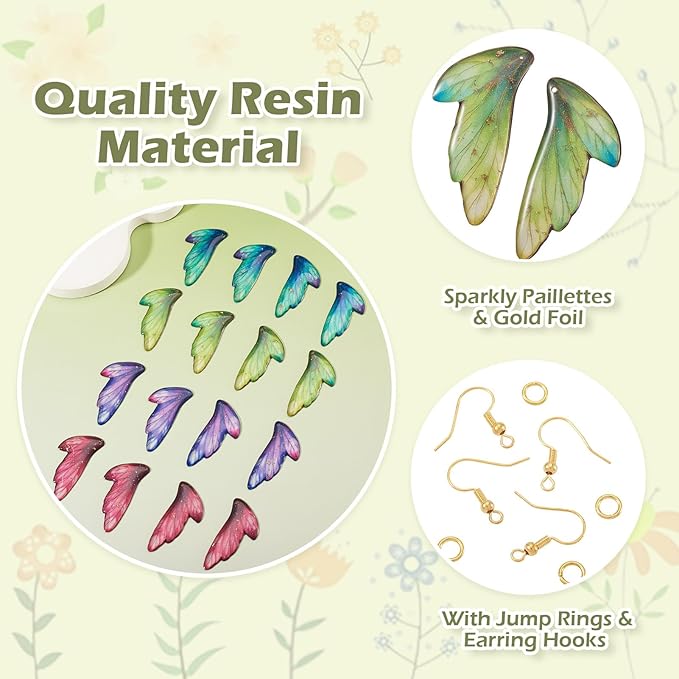 FASHEWELRY 16Pcs Resin Butterfly Wing Charms Colorful Feather Earring Charms Transparent Insect Wings Pendants with Jump Rings Earrings Hooks for DIY Earring Jewelry Making Kits