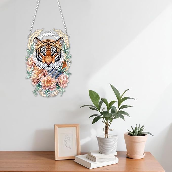 NAIMOER DIY Hanging Diamond Art Kits for Adults, Tiger Diamond Painting Kits, Special Shaped Rhinestone, Acrylic 5D Gem Art Craft Window Pendants Home Garden Wall Hanging Ornament Kits