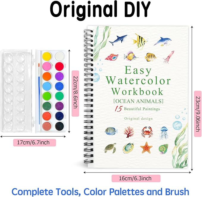 SLWBZ Watercolor Workbook Ocean Animals, 15 Different Patterns of Original DIY Designs, 16 Color Watercolor Paint Plates with Palette and Brush, Beginner-Friendly Watercolor Workbooks, Ocean Animals