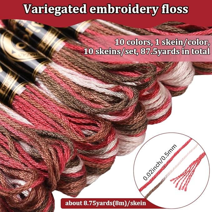 10 Skeins 6 Strands Red Embroidery Floss Threads Bulk Variegated Gradient Cross Stitch Thread Polyester Friendship Bracelets String for Jewelry Making Hand Sewing Knitting Stitching Crafts