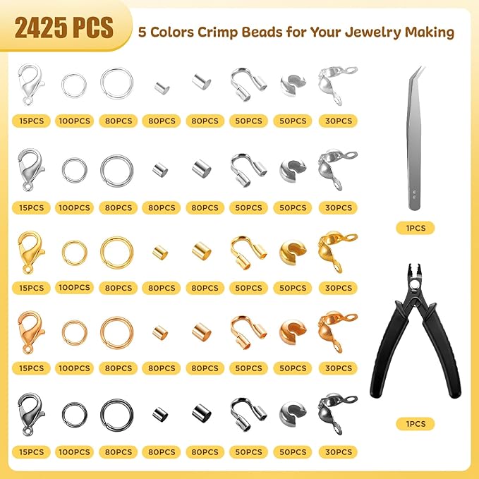 2425pcs Crimp Beads Jewelry Making Kit, Funtopia Crimp Tubes, Crimp Covers, Wire Guards, Lobster Clasp, Jump Ring for Bracelet Earring Necklace Making DIY Jewelry Repair Kit Supplies