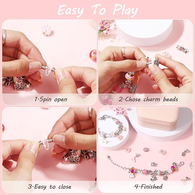 UFU Charm Bracelet Making Kit, Jewelry Making Kit Craft Gift for Girls 5 6 7 8-12, A Sweet Birthday Gift to Inspire Imagination & Creativity, with Portable Jewelry Box