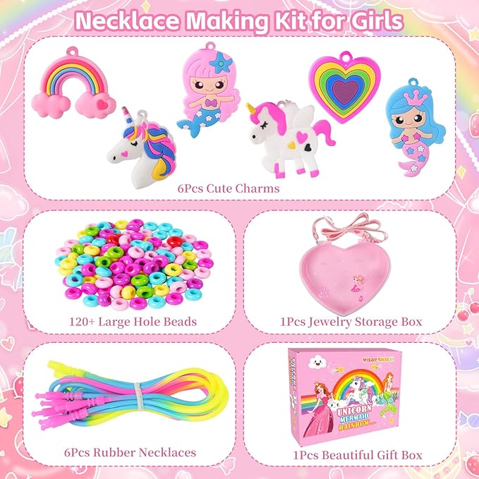 dizrnoi jewelry making kit for girls unicorn mermaid charm necklace making supplies beads set birthday diy arts and crafts for girls