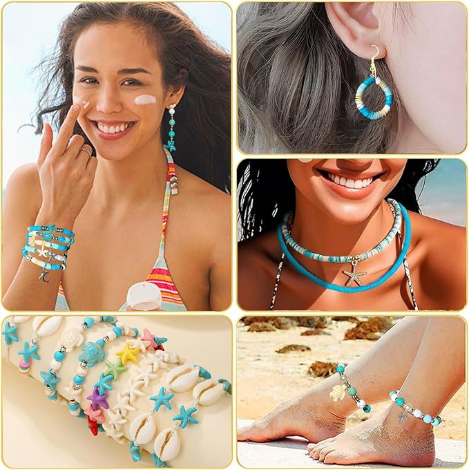 1860Pcs Ocean Beads for Bracelets Making Kit, Blue and White Summer Beach Bead for Jewelry Making, Sea Turtle Shell Starfish Shape Beads 8mm Round Cly Bead for DIY Craft Bracelets Earring (Blue)