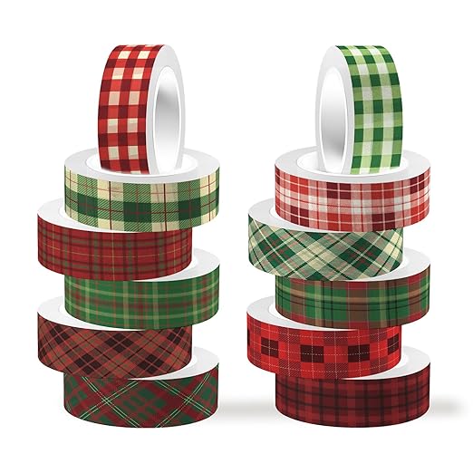 12 Rolls Basic Grid Washi Tape, Buffalo Plaid Red Black Green Holiday Masking Tapes, Plaid Decorative Tapes for Arts, DIY Crafts, Journals, Planners, Scrapbook, Wrapping 16.4FT