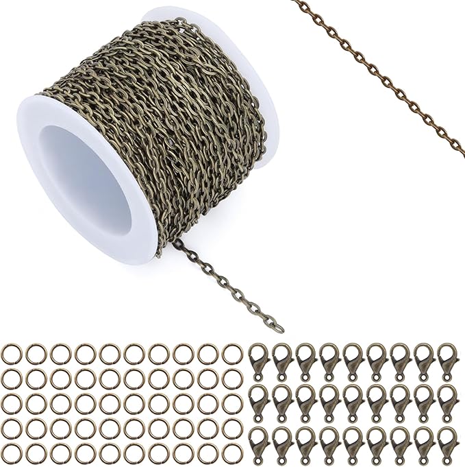 Lemonkey 33 Feet Metal Bronze Necklace Chains Cable O-Shaped Links Chains Bulk for Jewelry Making DIY Craft Kit with Lobster Clasps Jump Rings