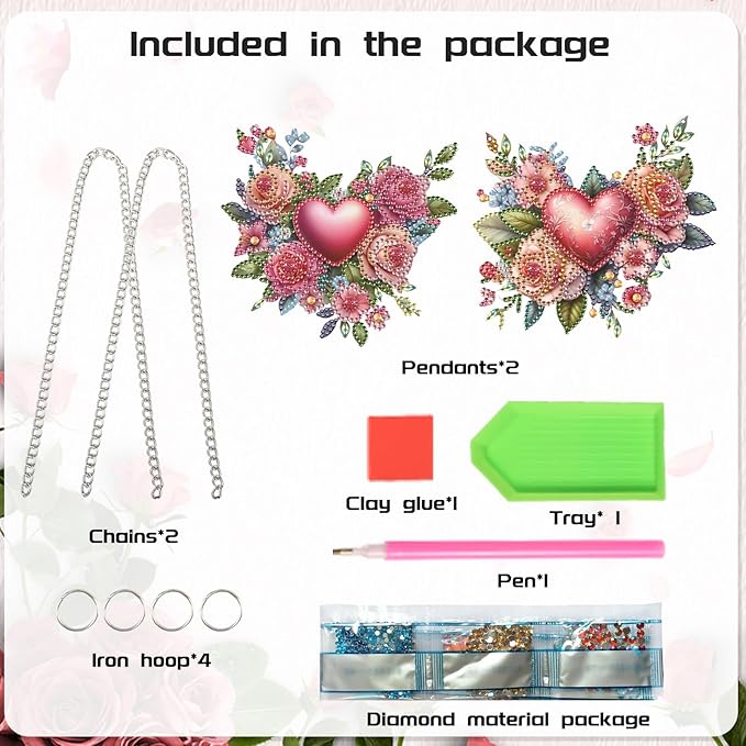 2 Pack Diamond Painting Rose Heart Hanging Ornaments – DIY Crystal Art Sun Catcher Kit for Window, Wall or Car – Romantic Valentine’s Day Decor & Gift for Her