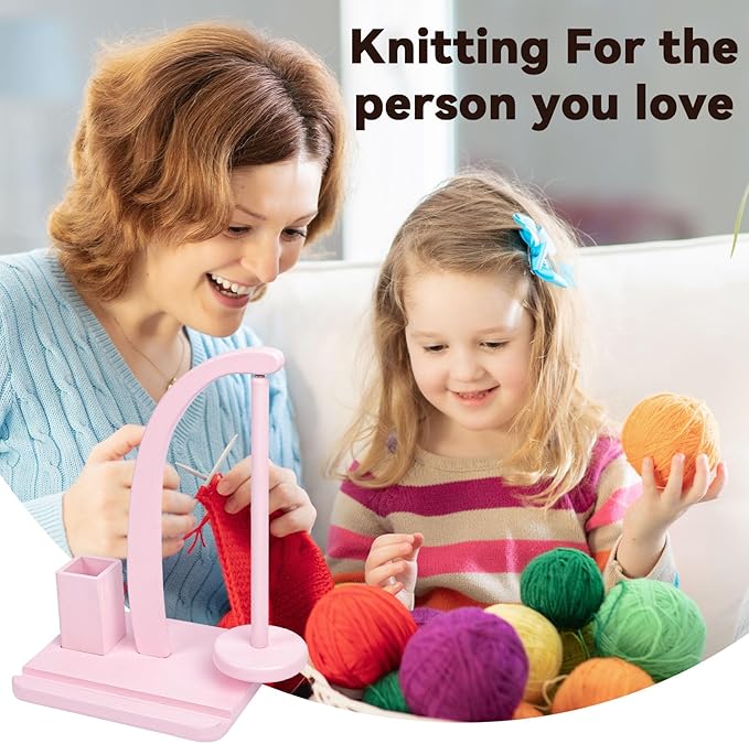 Yarn Holder for Crocheting and Knitting, Wooden Magnetic Yarn Spinner Rotating Holder with Crochet Hooks and Needles, Phone Stand and Storage Organizer (Pink)