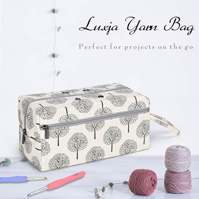 LUXJA Yarn Storage Bag, Carrying Knitting Bag for Yarn Skeins, Crochet Hooks, Knitting Needles (up to 10 Inches) and Other Small Accessories (Large, Trees)