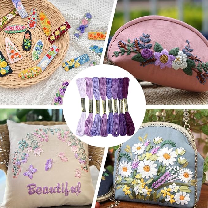 16 Skeins 131 Yards Embroidery Thread Friendship Bracelets String Cross Stitch Threads Cotton Floss Yarn DIY 6 Ply 1.2mm for Making Sewing Needlework Knitting Stitching Craft Supply Purple