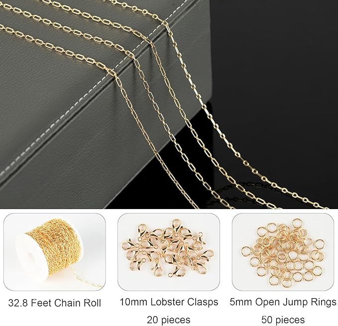Jabogrii 32.8 Feet Gold Plated Brass Paperclip Jewelry Chains Roll Oval Link Necklace Bracelet DIY Craft Chain Bulk for Jewelry Making