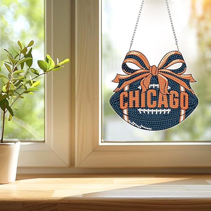 Rertcioph Football Diamond Art Hanging Kit for Adults, DIY Acrylic 5D Diamond Painting Hanging Ornament for Chicago Home Wall Decor and Gift