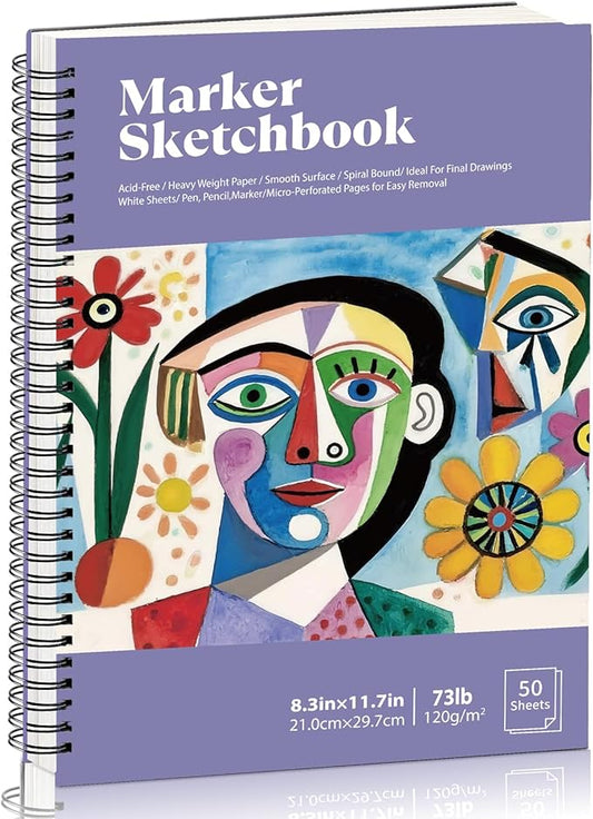 A4 Marker Paper Pad 50 Sheets, 8.3×11.7 Inch Bleedproof Art Sketch Pad, 73lb/120gsm Drawing Paper Spiral Sketch Book, Alcohol Marker Paper Painting Coloring Paper for Beginners, Artists, Easter Gift
