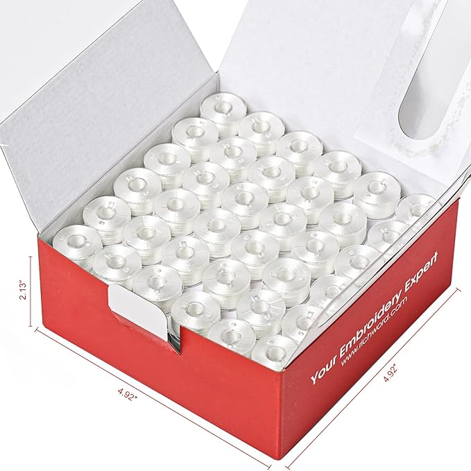 Poolin Prewound Bobbins Richword Selected 144pcs (Class 15) Size A Plastic Sided, 70D/2(60WT) Polyester Bobbin Thread for Single Needle Embroidery and Sewing Machine, White