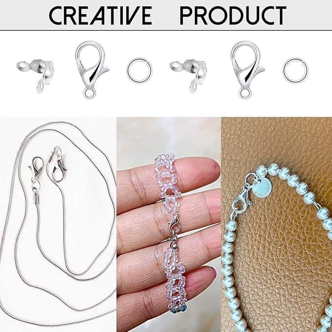 1250 Pieces Jewelry Making Accessories Set Includes 800 Pieces Open Jump Ring Connectors 300 Pieces Bead Tips Knot Covers and 150 Pieces Lobster Claw Clasps for DIY Jewelry Crafts Making (Silver)