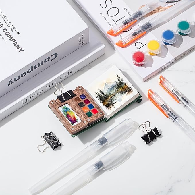 Qilery Mini Portable Watercolor Palette Set Wooden Grid Paint Box Watercolor Paper Sketch Book Brush Pens with Binder Clip for Painters Artist Not Include Paint(Pine Green)