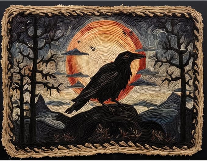 Black Raven Moon Latch Hook Rectangle Rug Kits for Adults Needle Crochet Yarn Embroidery Carpet Hook and Latch Kit Floor Mat Tapestry Christmas Home Decoration 52x38cm(9)