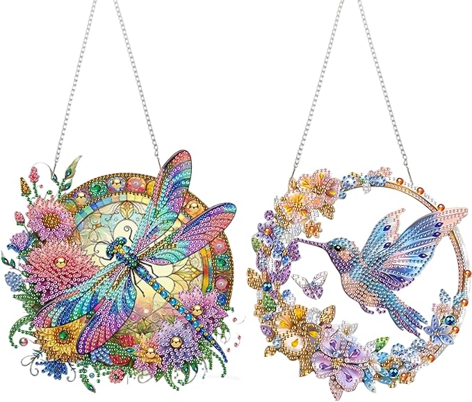 AIBOERL Diamond Art Hanging Kit for Adult,Special Shaped Rhinestone,Double Sided 5D DIY Acrylic Diamond Art Painting Window Pendants Home Garden Wall Hanging Kits Hanging Ornament (2 Pack)