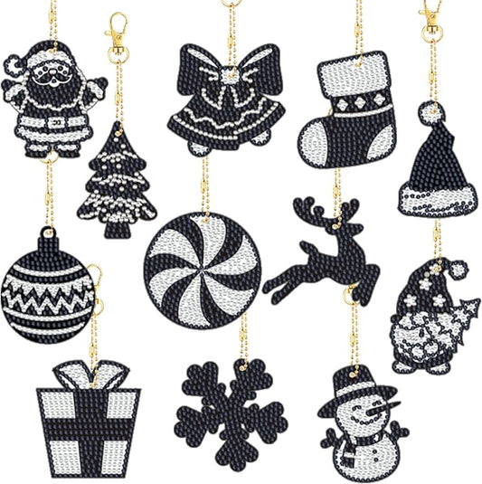 Cinrobiye 12 Pieces Christmas Diamond Painting Keychains Kits with Tools Christmas Diamond Art Hanging Ornaments DIY Xmas Refrigerator Decor Craft Kits for Holiday Party(Christmas1)