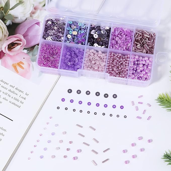 Assorted Beads for Jewelry Making, Glass Seed Bugle Tube Beads Loose Sequins Multiple Sizes for Crafts Sewing Jewelry Making