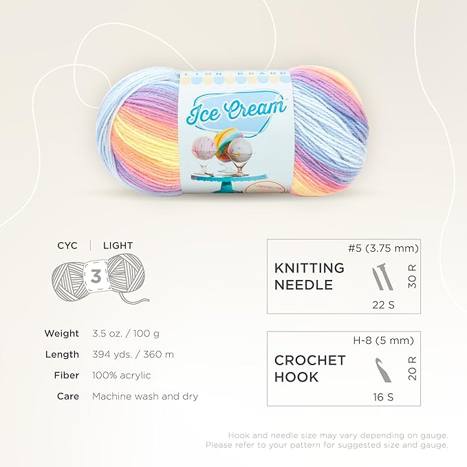 Lion Brand Yarn, Ice Cream Baby Yarn for Knitting, Crochet, and Crafts, Parfait, 3 Pack, DK Weight Colorful Acrylic Fiber for Baby Blankets, Hats, and Sweaters