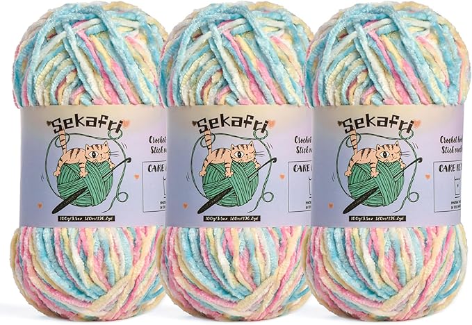 3 Pack of 300g (590yds) Fuzzy Chenille Yarn for Crocheting,Fluffy Amigurumi Crochet Yarn for DIY Craft/Hat/Clothes, Soft Velvet Baby Blanket Yarn（3 Candy Color）