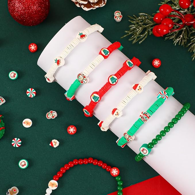 Augshy Christmas Polymer Clay Beads, 300PCS Xmas Heishi Spacer Assorted Santa Claus Snowflakes Snowman Gingerbread Man for Bracelet Necklace Jewelry Making