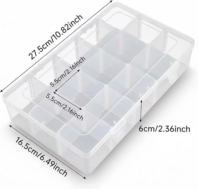 2 Pack 15 Grids Clear Plastic Organizer Box with Adjustable Dividers, Craft Storage Containers for Jewelry, Beads, Screws, Tackle Box, Washi Tapes, Small Parts Organizer for Arts and Crafts