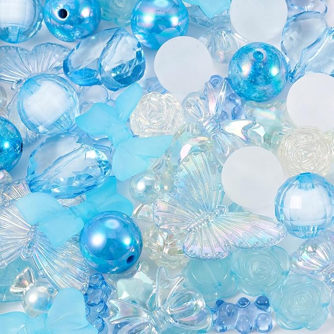 FASHEWELRY Assorted Blue Acrylic Beads Transparent Heart Butterfly Bowknot Flower Beads Gummy Chunky Cute Pony Bead Bulk for Bracelets Necklaces Key Chains Jewelry Making, 80pcs