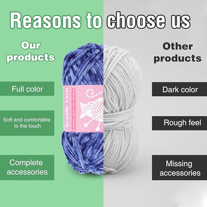 LUNARM Chenille Velvet Yarn for Crocheting & Knitting, Soft Yarn for Making Blankets, Clothes & More - 3 * 3.35oz, 3 * 162yds (Denim Blue)