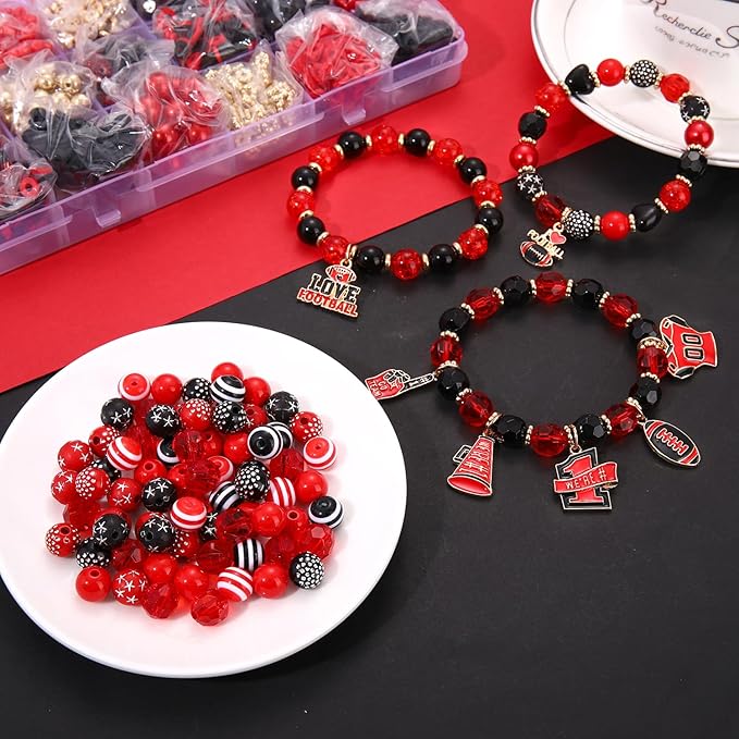 HSWE Game Day Beads for Bracelets Making Kit,Red Black Heishi Clay Pearl Letter Assorted Round Beads Gold Spacer Beads with Football Charms for DIY Bracelets Necklace Jewelry Making, 2100PCS+