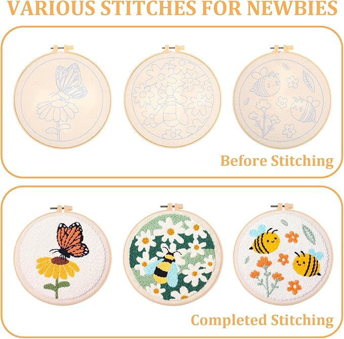 3 Pcs Punch Needle Kits, 7.87 Inch Cute Floral, Bees and Butterfly Punch Needle Kit for Adults Beginner Children Needles Punching kit with Embroidery Hoop, Instruction, Fabric, Sewing Needles, Yarns