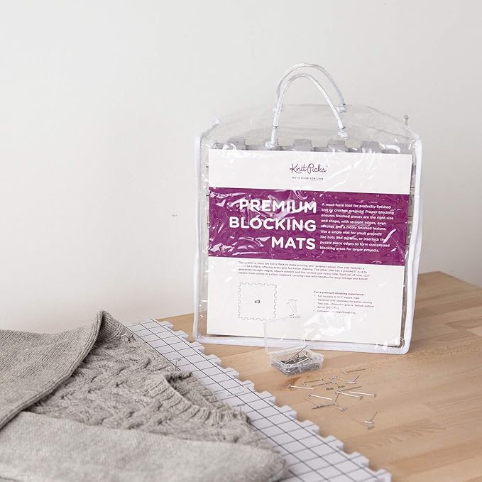 Knit Picks Premium Blocking Mats for Knitting and Crochet, Pack of 9 Extra Thick Blocking Boards with Grids, Includes 100 T-Pins and Storage Bag