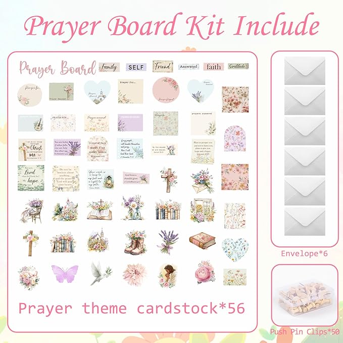 Prayer Board Stickers Supplies - 162 Pcs Prayer Board Kit with Pins Envelope Bible Verse Quotes Cards, Flower Motivational Scrapbook Stickers, Bible Study Supplies for Women (Not Cork Board)
