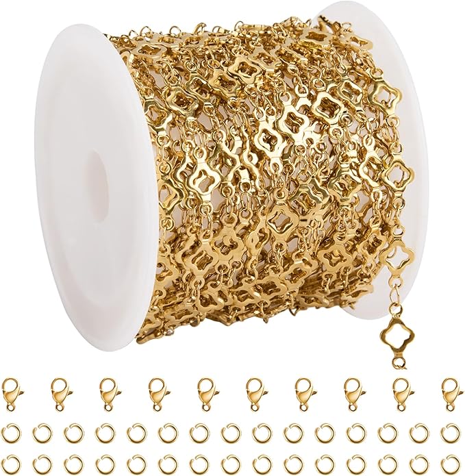 YOUBEIYEE 13 Feet Four Leaf Clover Chains for Jewelry Making Gold Plated Stainless Steel Chains Bulk on Spool